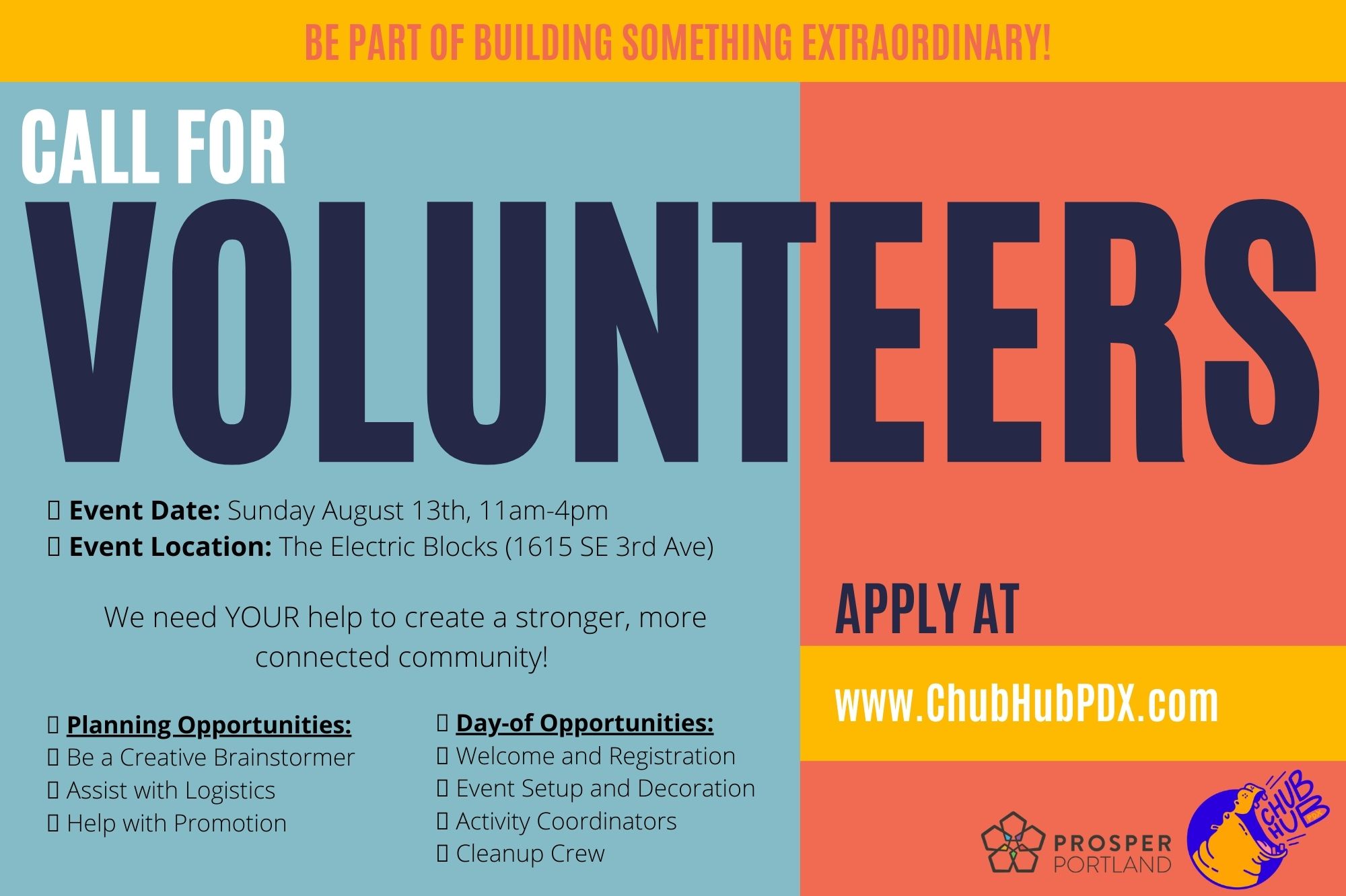 Block Party Call For Volunteers | Chub Hub PDX